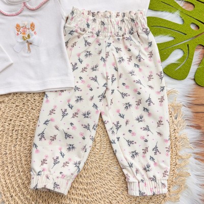 Conj. Blusa em Plush Manga Longa  Florzinhas e Calça - Rosa